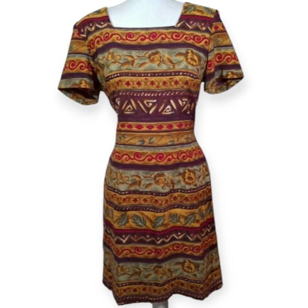 SAG HARBOR BURGUNDY, MUSTARD DRESS SZ.10 EUC.